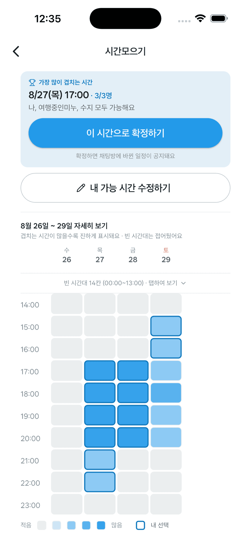 가장 많이 겹치는 시간과 인원, 요일별 시간대 그리드, 확정하기 버튼이 표시된 앱 화면